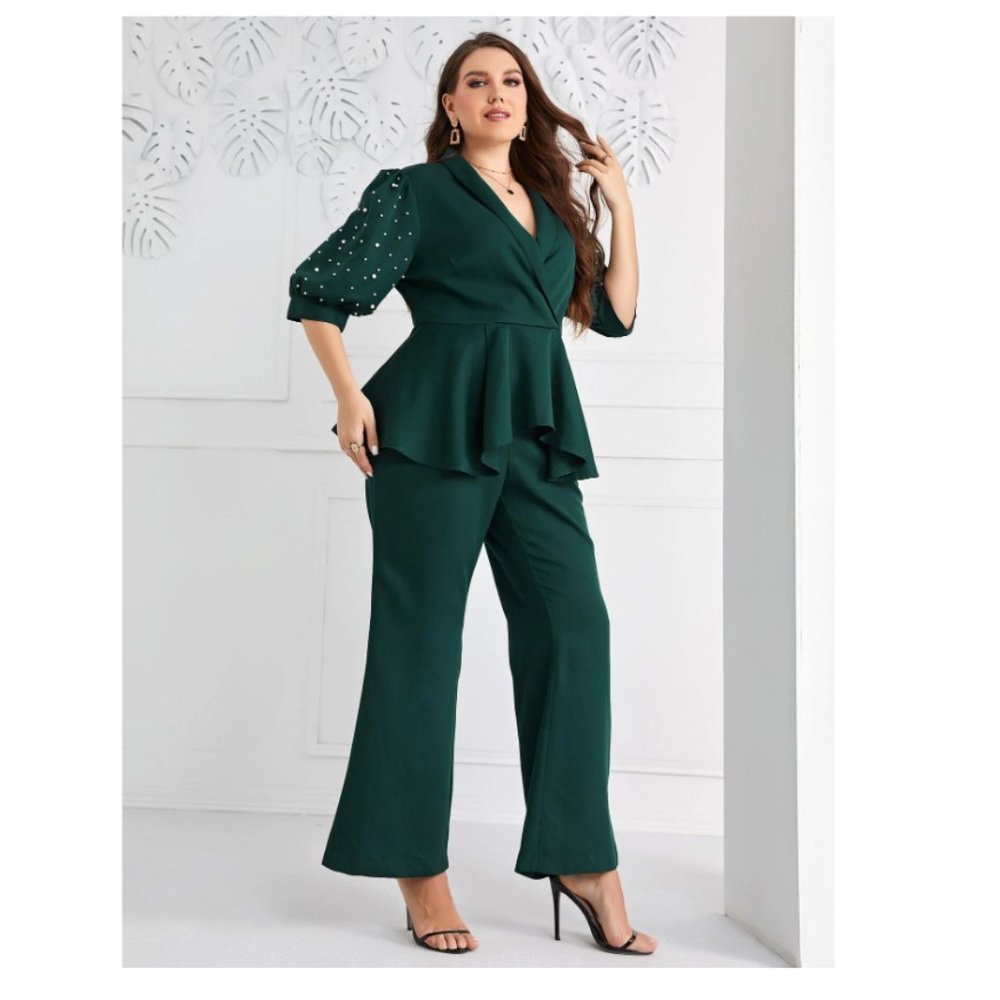 New in Package Shein Plus Pearls Beaded Puff Sleeve Shawl Collar Top & Flare Leg